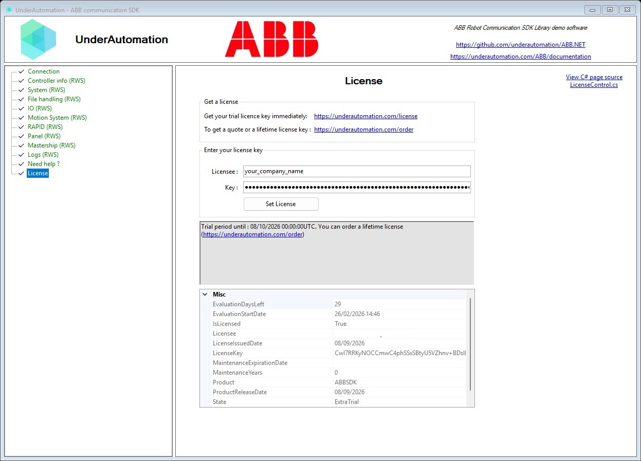 License page of the ABB SDK demo application