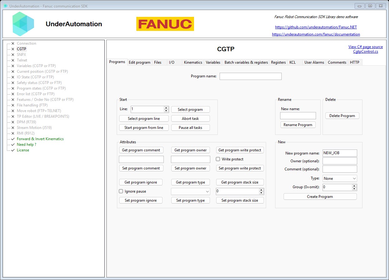 CGTP page of the Fanuc SDK demo application
