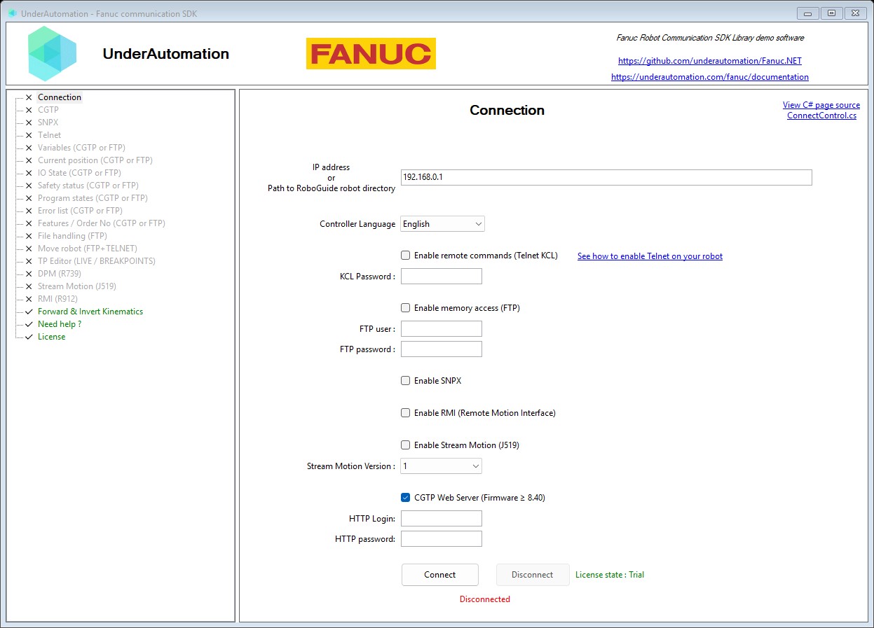 Connection page of the Fanuc SDK demo application