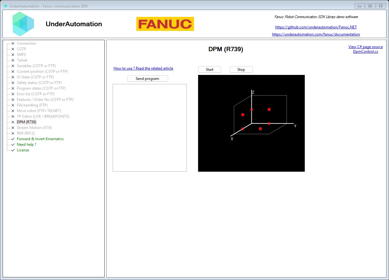 DPM (R739) page of the Fanuc SDK demo application