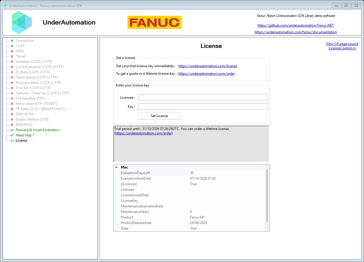 License page of the Fanuc SDK demo application