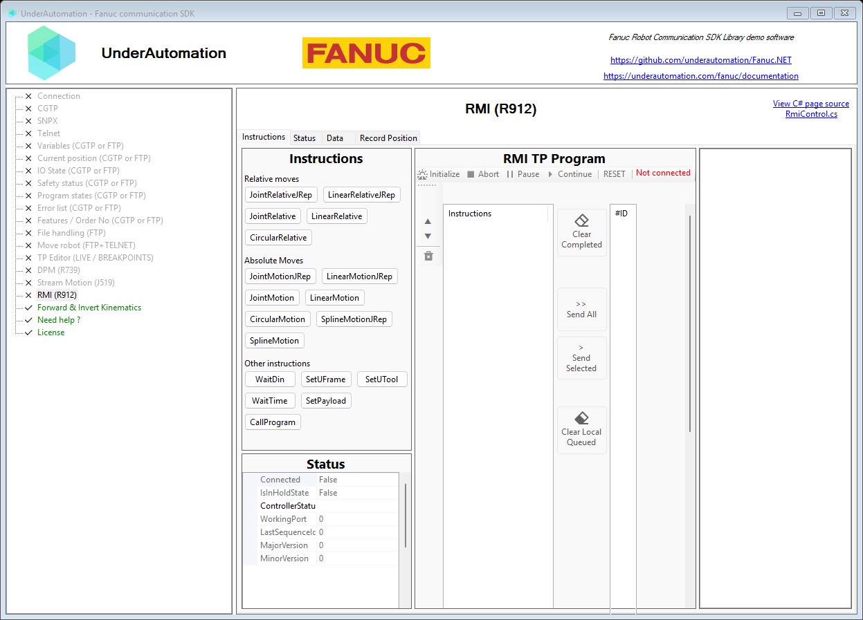 RMI (R912) page of the Fanuc SDK demo application