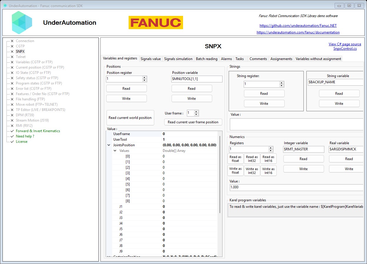 SNPX page of the Fanuc SDK demo application