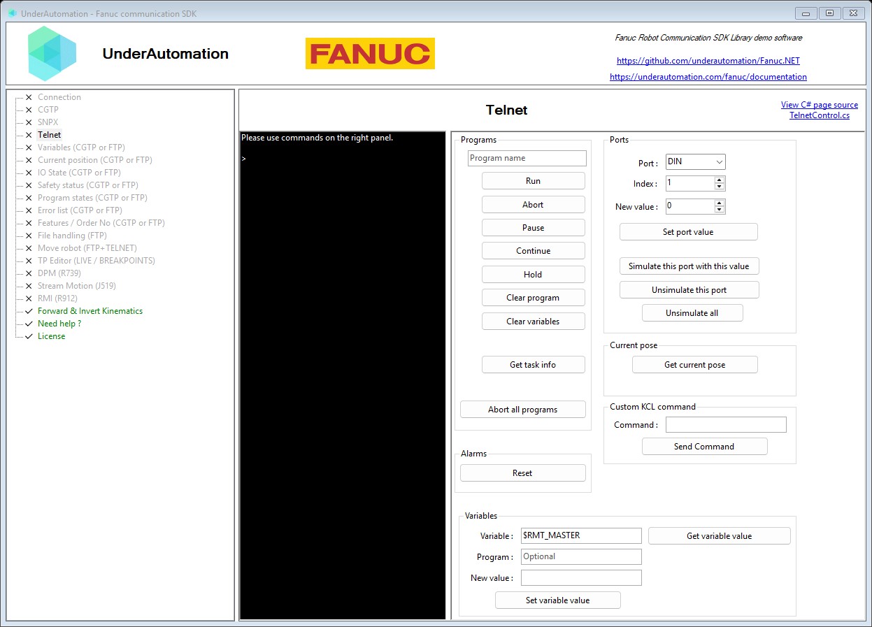 Telnet page of the Fanuc SDK demo application