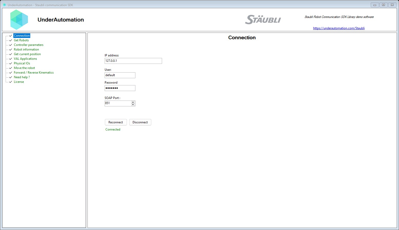 Connection page of the Staubli SDK demo application