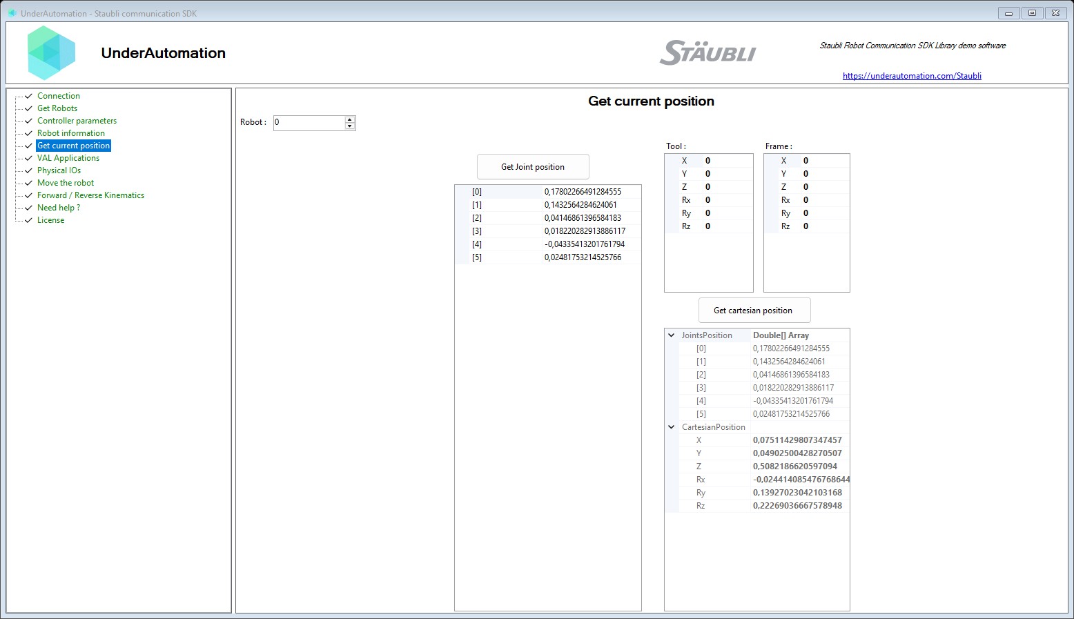Get current position page of the Staubli SDK demo application