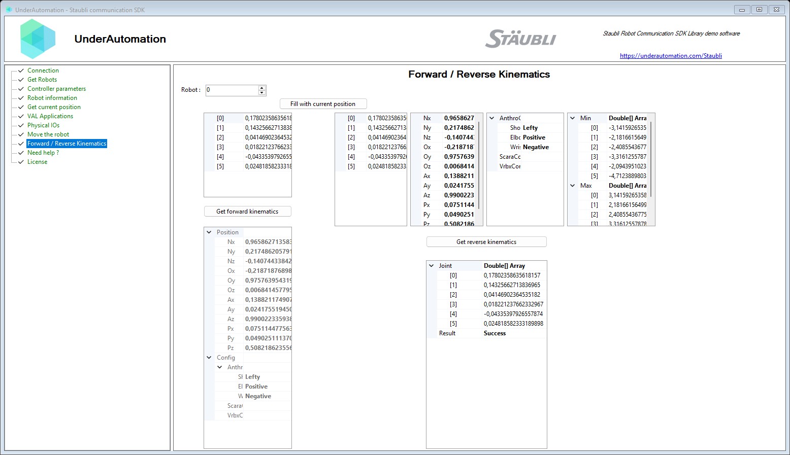 Forward / Reverse Kinematics page of the Staubli SDK demo application