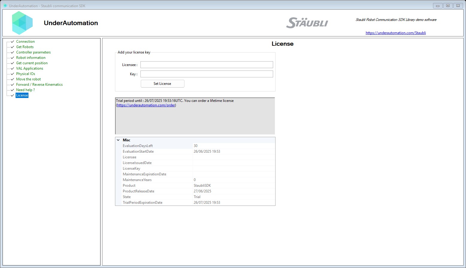 License page of the Staubli SDK demo application