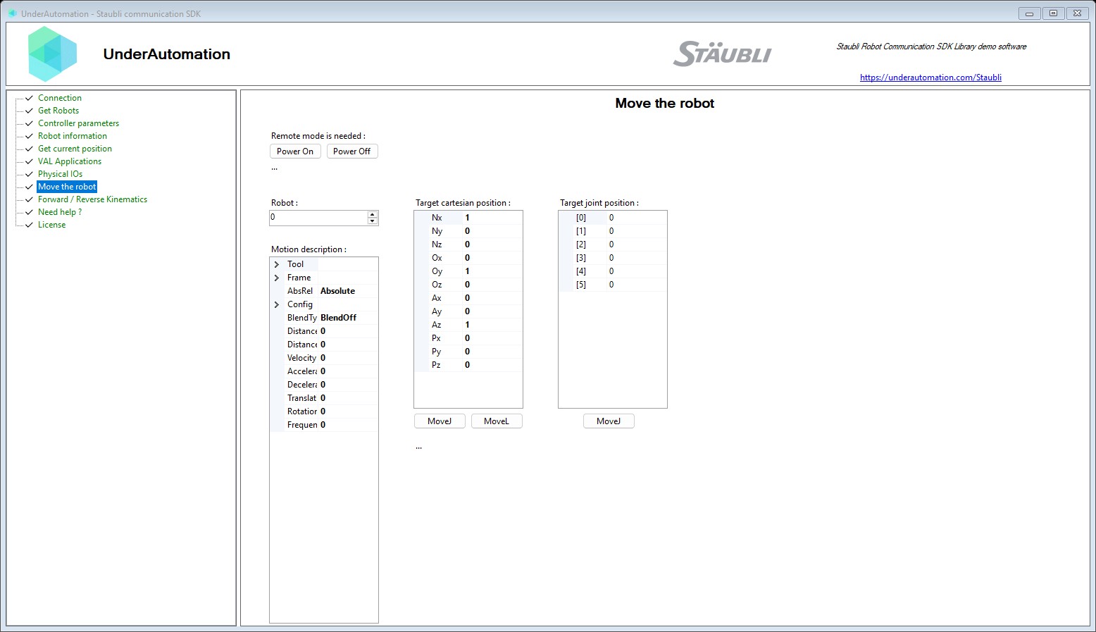 Move the robot page of the Staubli SDK demo application