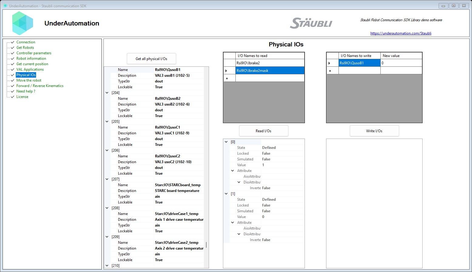 Physical IOs page of the Staubli SDK demo application