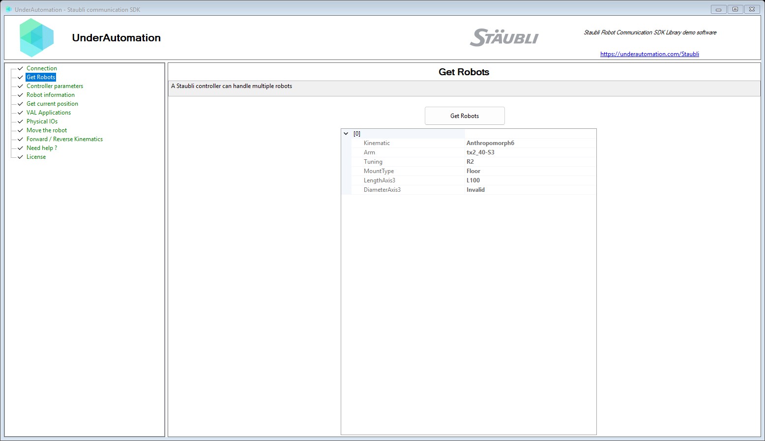 Get Robots page of the Staubli SDK demo application