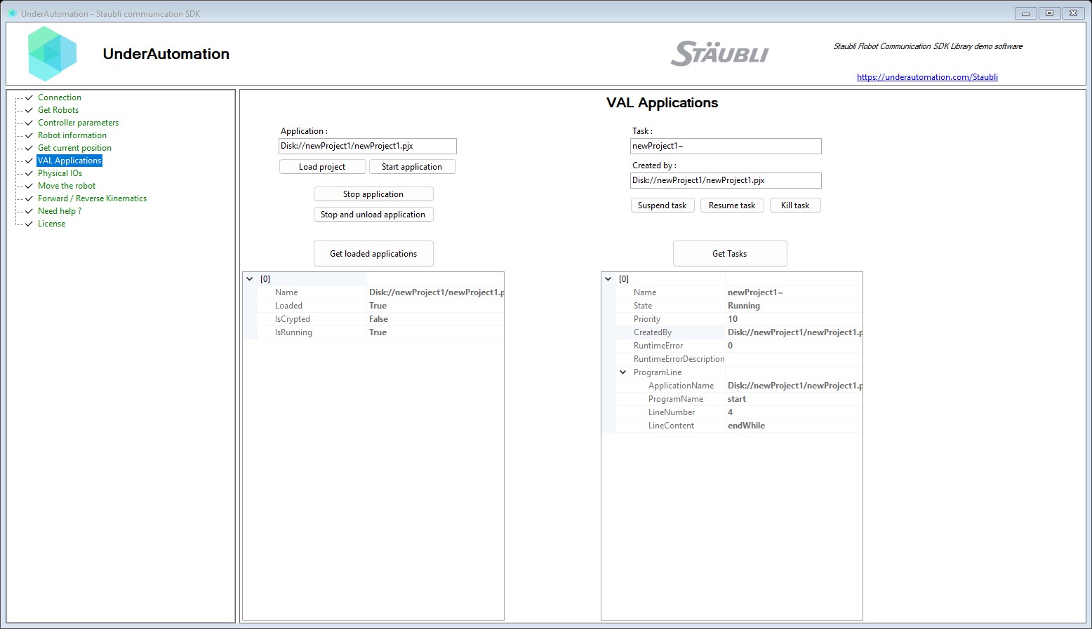 VAL Applications page of the Staubli SDK demo application