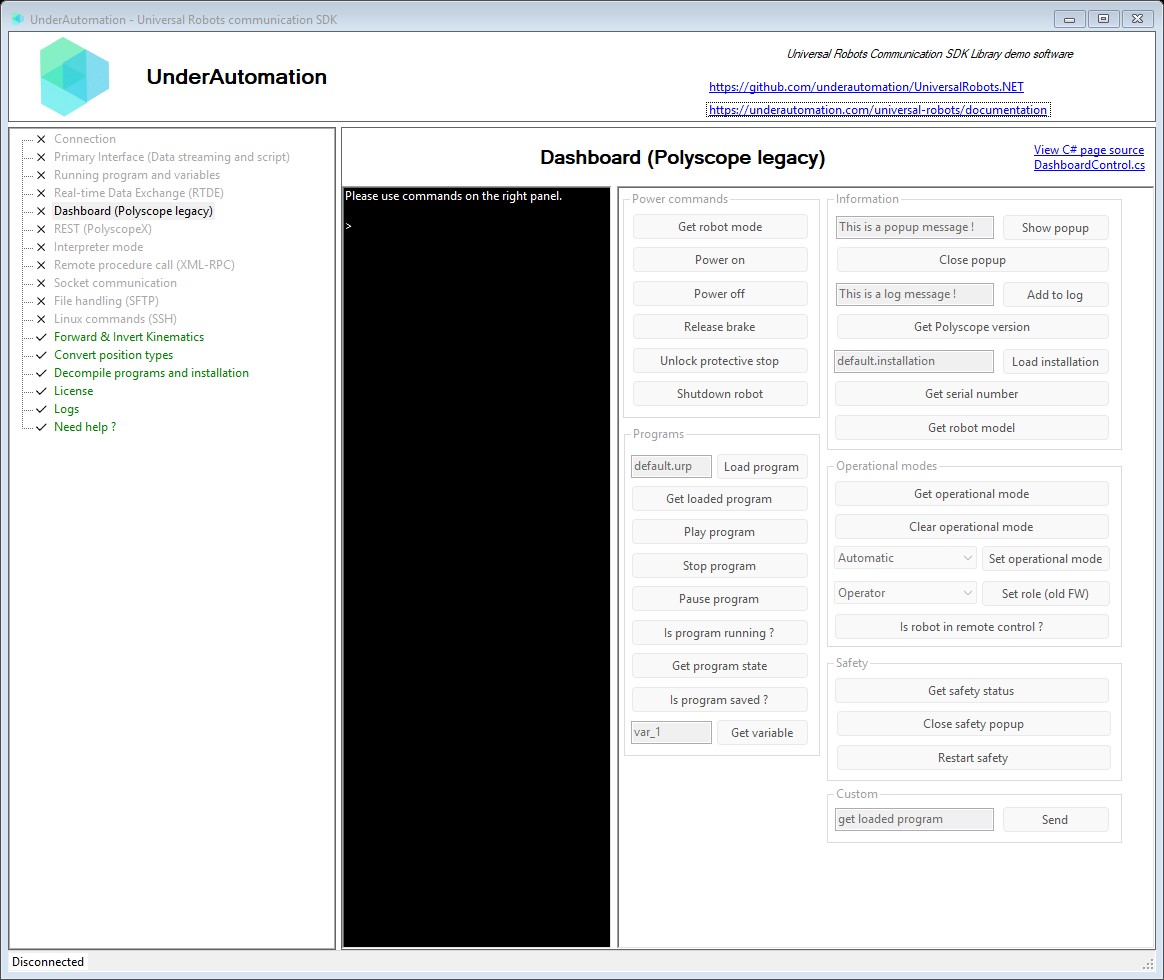 Dashboard (Polyscope legacy) page of the Universal Robots SDK demo application