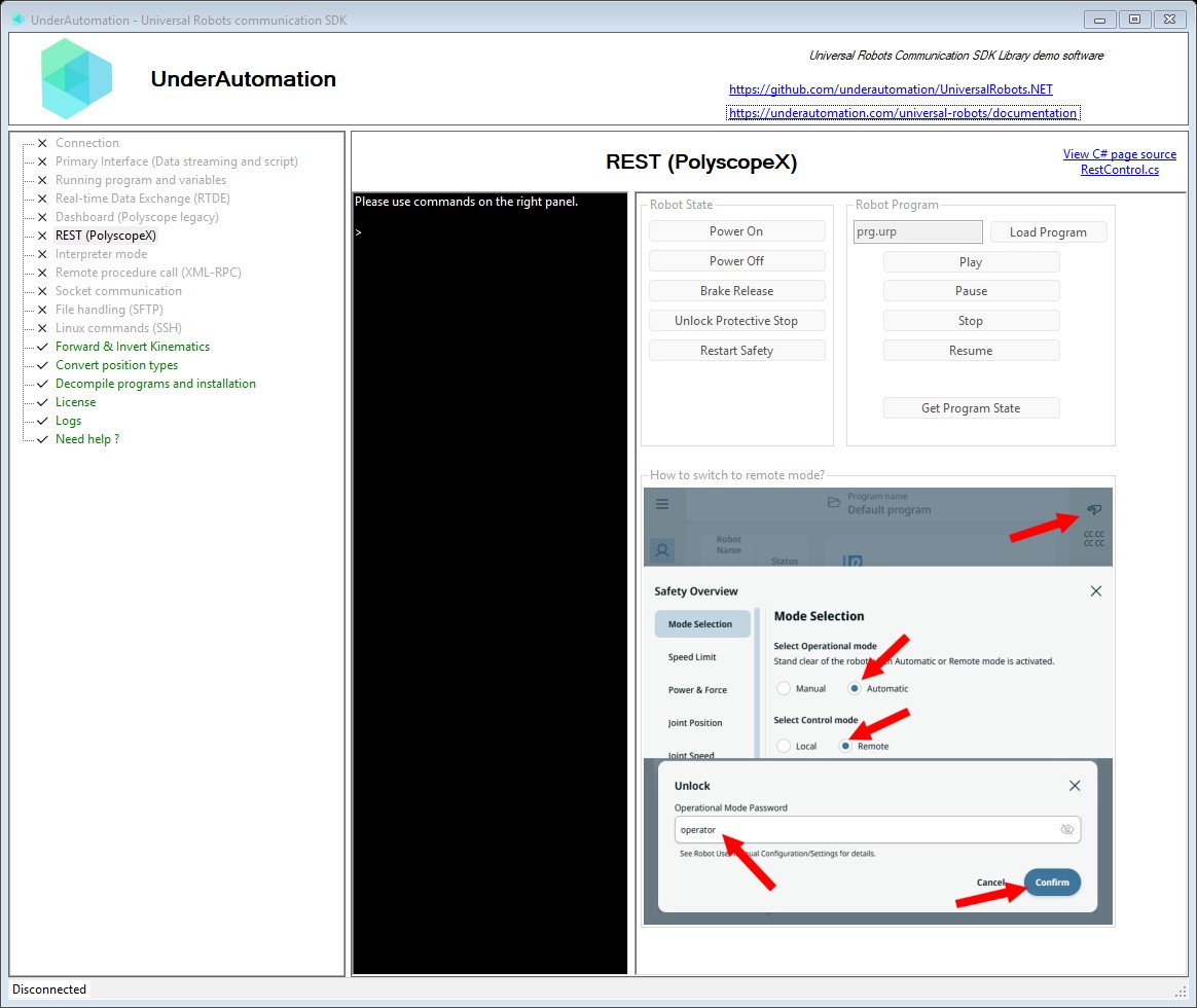 REST (PolyscopeX) page of the Universal Robots SDK demo application