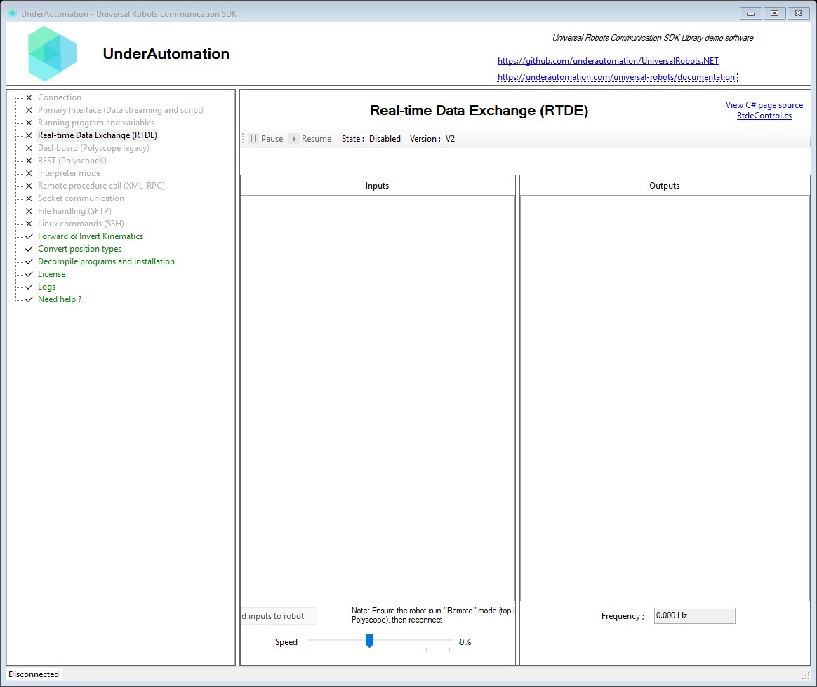 Real-time Data Exchange (RTDE) page of the Universal Robots SDK demo application