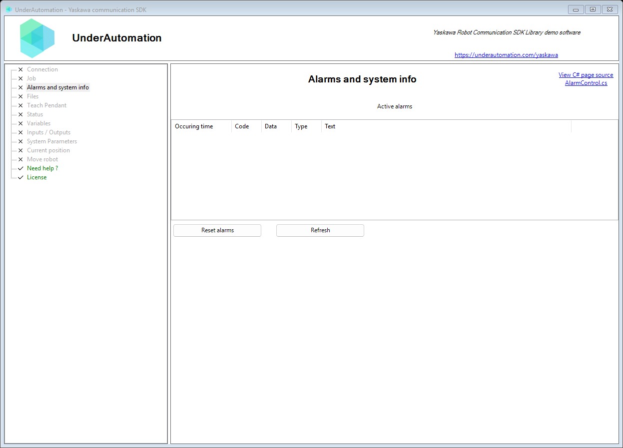 Alarms and system info page of the Yaskawa SDK demo application