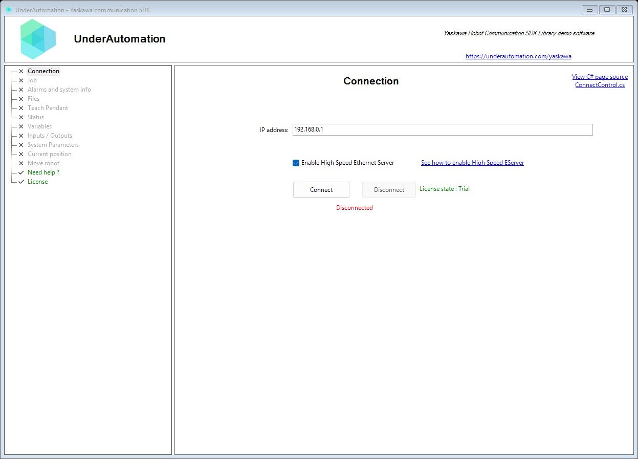 Connection page of the Yaskawa SDK demo application