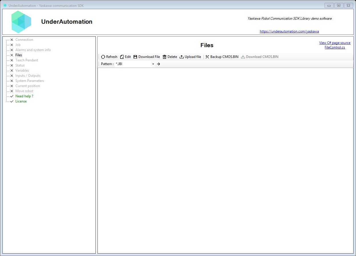 Files page of the Yaskawa SDK demo application