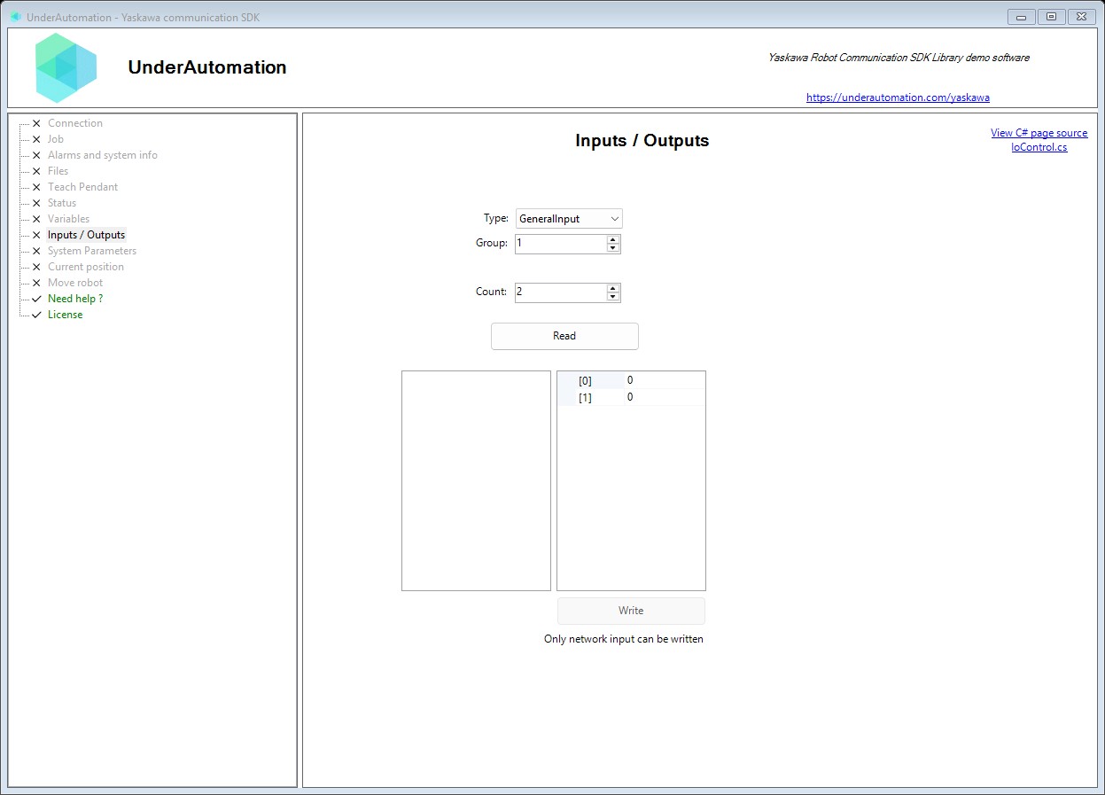 Inputs / Outputs page of the Yaskawa SDK demo application