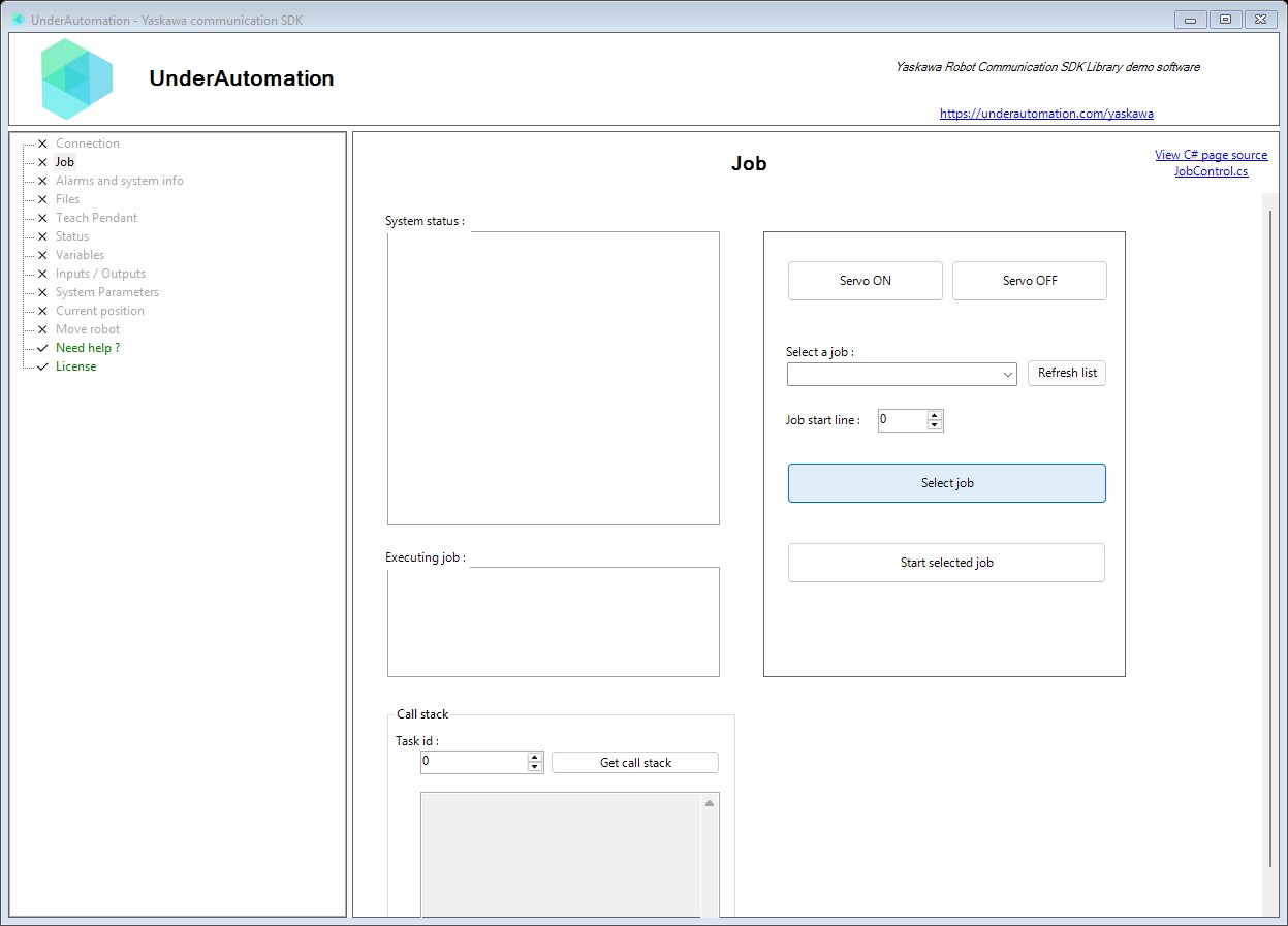Job page of the Yaskawa SDK demo application