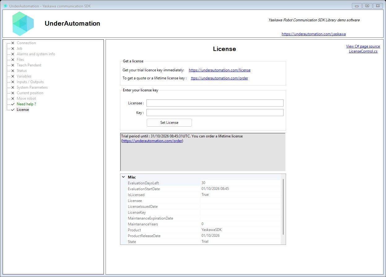 License page of the Yaskawa SDK demo application