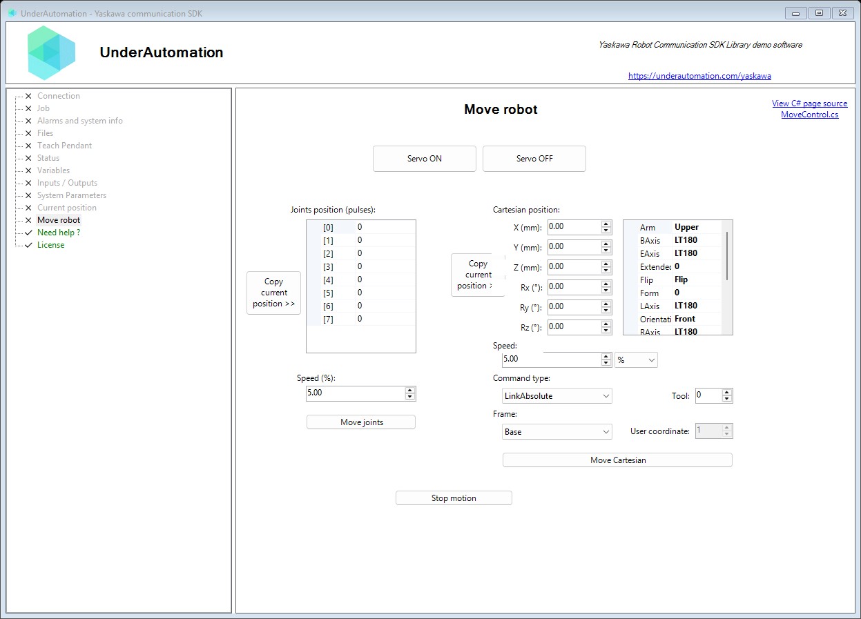 Move robot page of the Yaskawa SDK demo application
