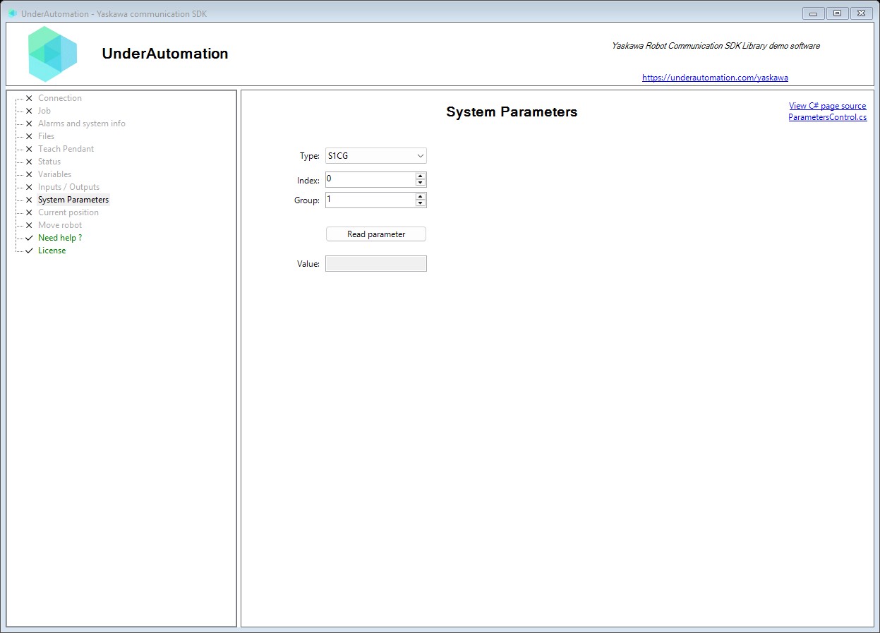 System Parameters page of the Yaskawa SDK demo application