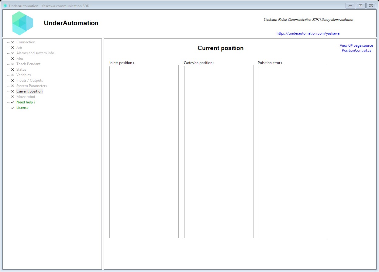 Current position page of the Yaskawa SDK demo application