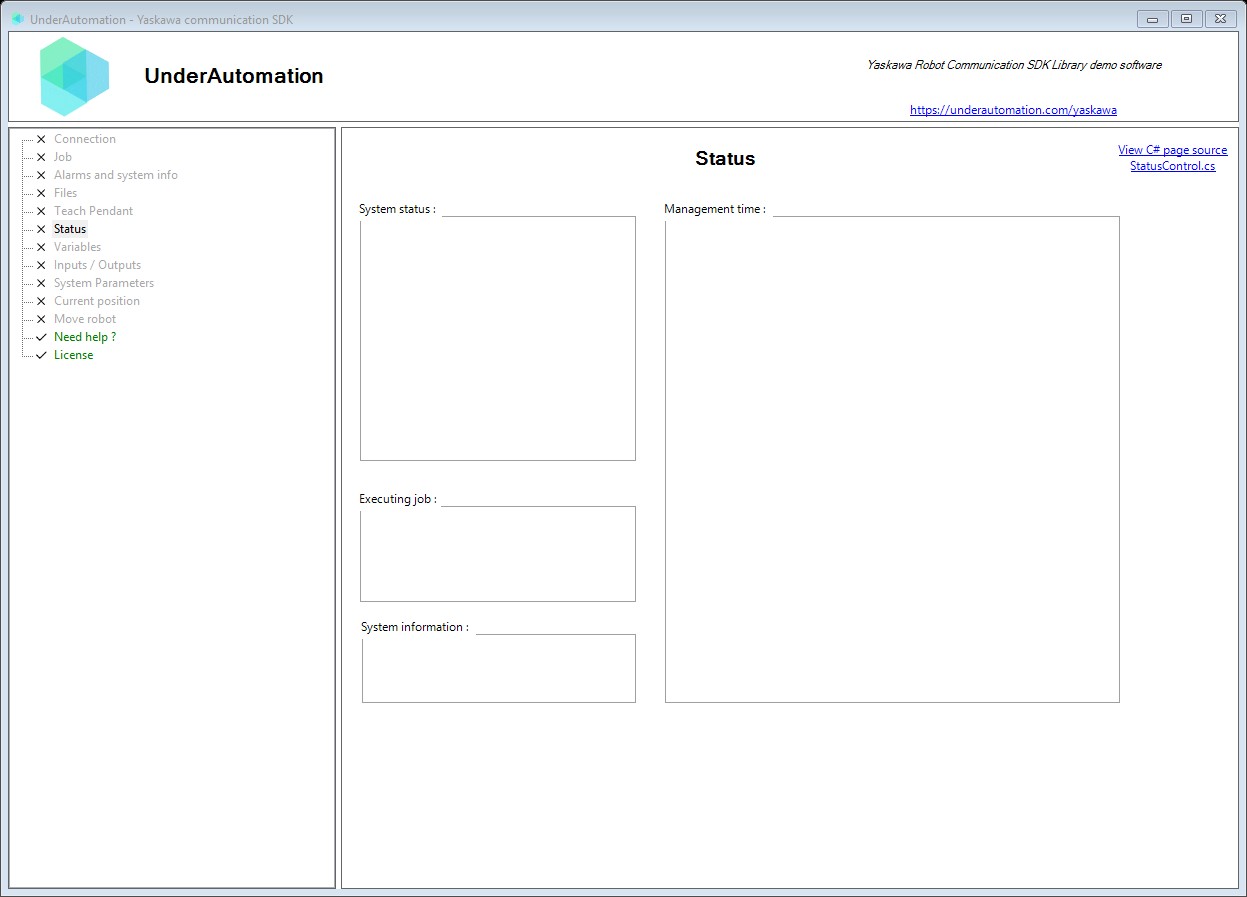 Status page of the Yaskawa SDK demo application