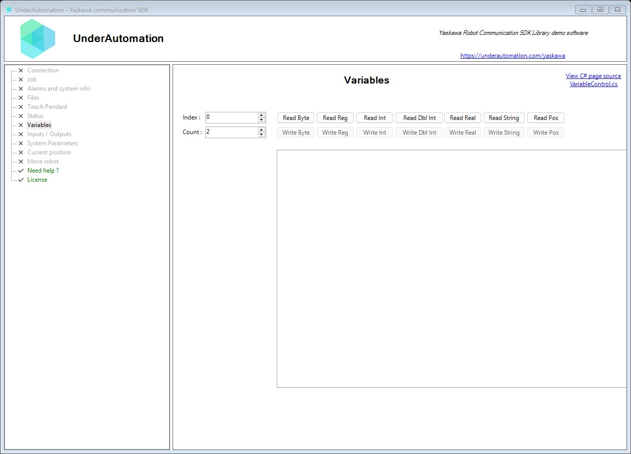 Variables page of the Yaskawa SDK demo application